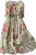 Women's Cotton Linen 3/4 Sleeve Solid Dress Button-Front Collar Maxi Long Dress Short Sleeve Plain Dresses